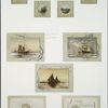 Christmas and New Year cards depicting landscapes, sailing ships, and seashells.