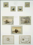 Christmas and New Year cards depicting landscapes, sailing ships, and seashells.