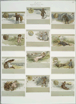 New Year cards depicting children in various activities : fishing, archery, seesaw, sledding, with lion, umbrella, snow. Featuring astrological signs.