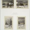 Christmas and New Year cards depicting winter landscapes, with snow, trees, and houses.