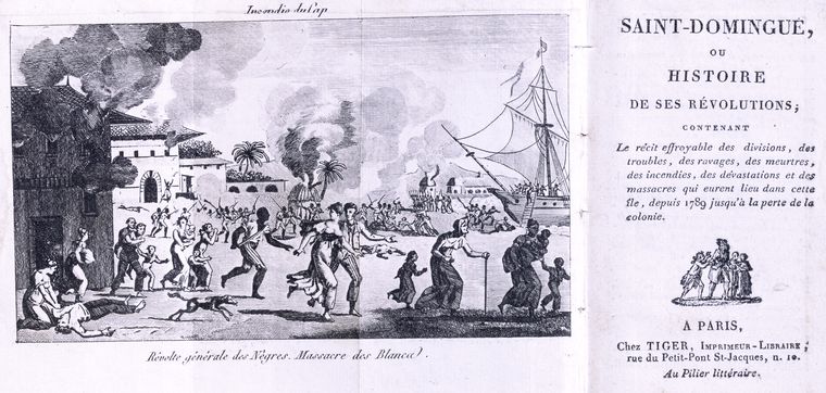 Title page and lithograph, Révolte générale des Nègres. Massacre des Blancs.