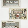Alphabet cards with decorative ornamentation and two typefaces entitled 'Mikado,' inspired by Japanese design and 'Moresque,' inspired by Arabian design.