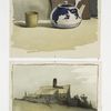 Two prints depicting a teapot, cup, book and house with a fenced in yard.