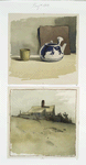 Two prints depicting a teapot, cup, book and house with a fenced in yard.