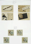 Christmas and New Year cards with text, depicting a pencil, ink, paper, a sponge, birds and flowers.