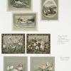 Easter and Christmas cards depicting broken eggs, rats, the ocean, smoking, an umbrella, ice skating, falling, flowers and berries.