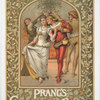 A poster with the words 'Prang's Christmas Cards,' depicting four performers, holly, a fireplace and a rose