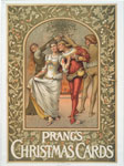 A poster with the words 'Prang's Christmas Cards,' depicting four performers, holly, a fireplace and a rose