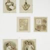Christmas cards depicting babies, women, flowers, a scale, the sun and decorative designs.