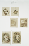 Christmas cards depicting babies, women, flowers, a scale, the sun and decorative designs.