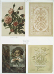 Pink Moss Roses; decorative patterns; Christmas cards depicting young girl with holly.