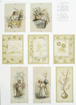 Valentines and birthday cards depicting young girl writing letter, and flowers.
