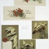 Christmas cards depicting flowers, leaves, butterflies, paper, and seal with man's profile.