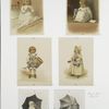 Christmas cards depicting young girls, dolls, snow, umbrellas, a bed and a fireplace.