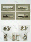 Calendar, Christmas and New Year cards depicting landscapes, a windmill, children, the seasons, and decorating for the holidays.