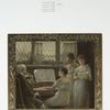 A Christmas card depicting a man playing the violin, a woman playing the piano, two women singing, a window and holly.