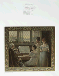 A Christmas card depicting a man playing the violin, a woman playing the piano, two women singing, a window and holly.