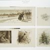 Christmas cards depicting a brother and sister praying, gathering wood, trimming the tree and sitting at the fireplace