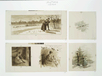 Christmas cards depicting a brother and sister praying, gathering wood, trimming the tree and sitting at the fireplace