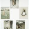 Mother songs: cards depicting mother and children in a field with flowers and trees, on stage, going to school, in the wind, rain and snow.