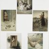 Mother Songs: cards depicting a smoking candle, mother and children, on a hammock, gazing at the moon, feeding birds, sewing and sleeping.