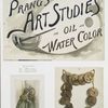 Calendar, Christmas card and poster with the words 'Prang's art studies for oil and water color'; depicting a girl looking in a mirror, a string of twelve medallions each representing a month, a palette, paintbrush and bowl of water.