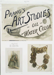 Calendar, Christmas card and poster with the words 'Prang's art studies for oil and water color'; depicting a girl looking in a mirror, a string of twelve medallions each representing a month, a palette, paintbrush and bowl of water.