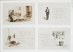 Recipes: cards with text; depicting a woman in a kitchen reading, a server, meat, fish and a scale.