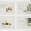 Recipes: cards with text; depicting poultry, a cabinet of jarred food, a table spread, and vegetables.