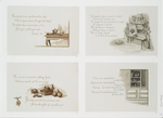 Recipes: cards with text; depicting poultry, a cabinet of jarred food, a table spread, and vegetables.