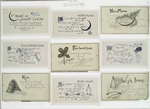 Yebooke of goode luck: cards with text; depicting new moons, four-leaved clovers, wishbones and rice.