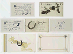 Ye booke of goode luck: cards with text; depicting old shoes, horseshoes, four-leaved clovers, wishbones, rice and new moons.