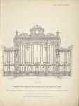 Wrought iron archway with driveway and side gates and lamps [Plate 301-N].