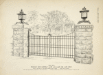 Wrought iron driveway gates and lamps for gate posts. [Plate 304-N].