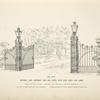 Wrought iron driveway and side gates, with gate posts and lamps. [Plate 307-N].
