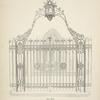 Wrought iron gates and railing with standards, arch and lamp. [Plate 308-N].