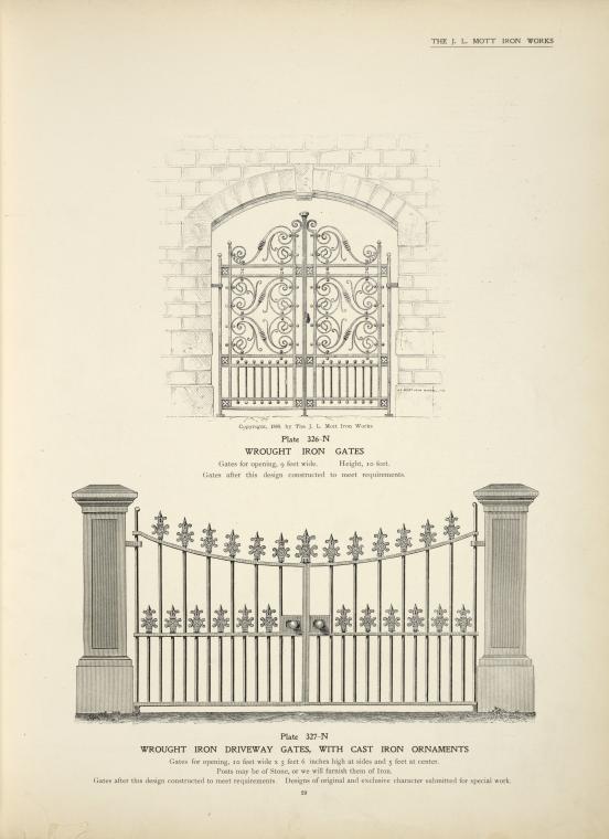 Wrought iron gates. [Plate 326N] ; Wrought iron driveway gates, with