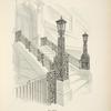 Wrought iron stoop and area railing, newel posts and lamps. [Plate 404-N].