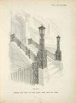 Wrought iron stoop and area railing, newel posts and lamps. [Plate 404-N].