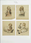 Christmas cards depicting young girls with cats, chicken, and dolls.