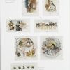 Valentines depicting cat serenading with violin, cat kissing rabbit, cats with fan, umbrella, fence; Christmas cards depicting girl sleeping, Santa Claus, Christmas stockings and presents; bees in flight.