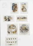 Valentines depicting cat serenading with violin, cat kissing rabbit, cats with fan, umbrella, fence; Christmas cards depicting girl sleeping, Santa Claus, Christmas stockings and presents; bees in flight.