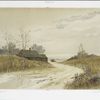 Gathering Seaweed. [Print depicting road to sea shore with house, trees, horse-drawn cart, and ships at a distance.]