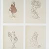Sketches of young girls, with flowers, parasol.