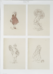 Sketches of young girls, with flowers, parasol.