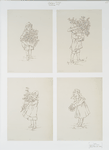 Sketches of young girls, with flowers, baskets, potted plants.