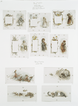 Calendar and Christmas cards depicting ladies, ribbons, flowers, and birds on trees, in the rain, in water.