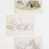 Outlines for farm scene print depicting dog, geese, cows, chickens, and chicks.
