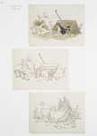 Outlines for farm scene print depicting dog, geese, cows, chickens, and chicks.