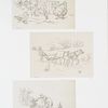 Outline for farm scene print depicting chickens, dog, horses, man tilling soil, children on horse.